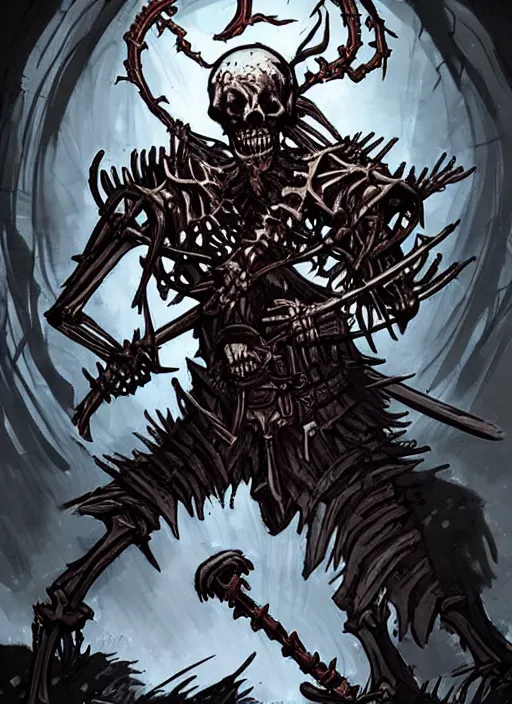 Image similar to concept art of a fragile twisted skeleton warrior with no armor in darkest dungeon, highly detailed, dark atmosphere, cosmic horror, body horror, lovecraft mythos, key character poster