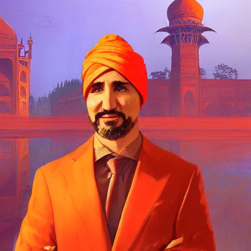 Image similar to portrait justin trudeau wearing orange pheta, setting taj mahal, ssci - fi and fantasy, intricate highly detailed digital painting, artstation, concept art, smooth and sharp focus, illustration, art by tan zi and ayanamikodon and alphonse mucha and wlop