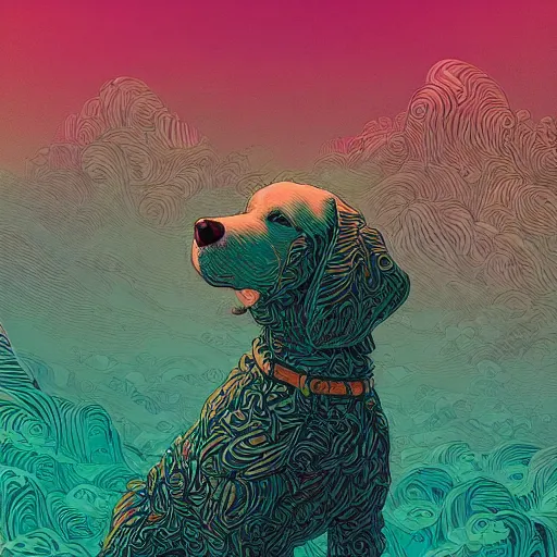 Prompt: Adorably cute White Labrador by Victo Ngai, Kilian Eng vibrant colors, winning-award masterpiece, fantastically gaudy, aesthetic octane render inspired in beksinski and dan mumford work, remixed with Simon Stalenhag work, sitting on the cosmic cloudscape