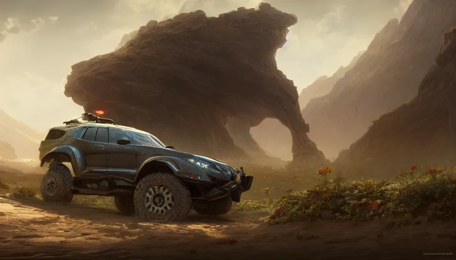 Image similar to an offroad suv designed by apple driving through socotra island, artgerm and greg rutkowski and alphonse mucha, an epic fantasy, volumetric light, detailed, establishing shot, an epic fantasy, trending on art station, octane render, midsommar