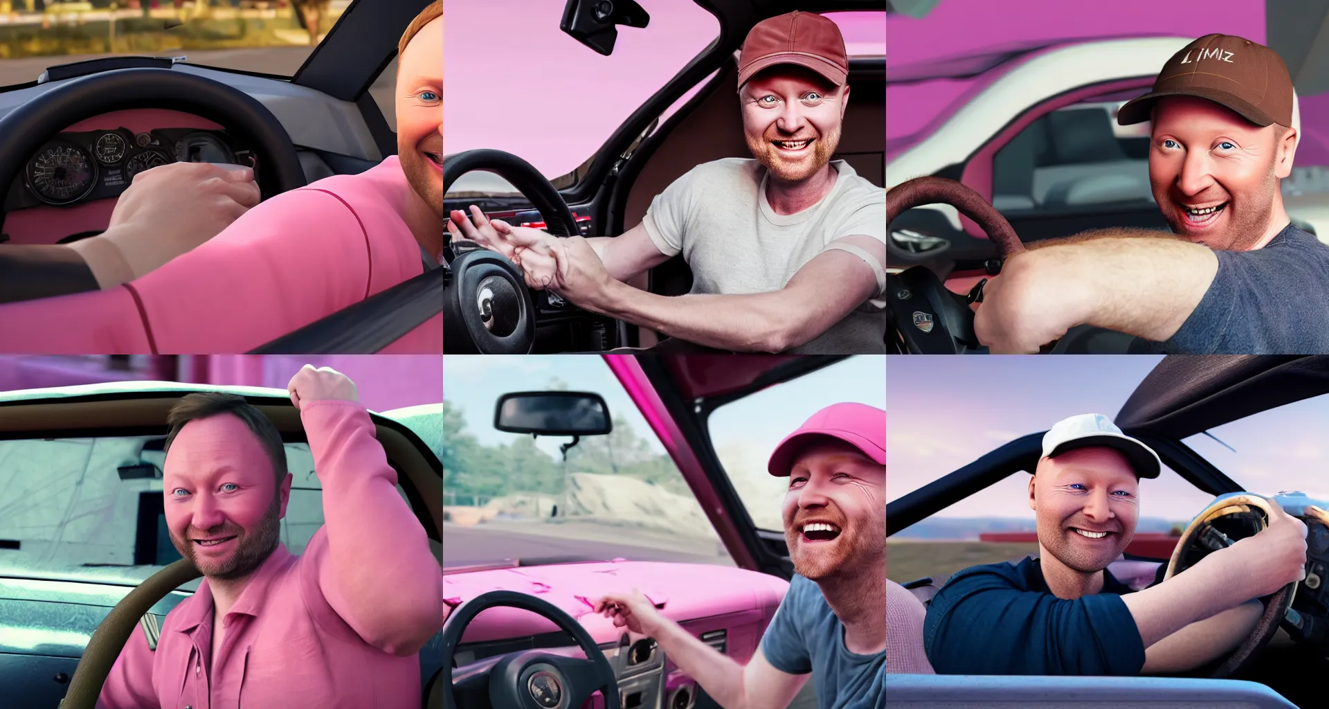 Prompt: a white man who looks just like limmy smiling wearing a brown trucker's cap while holding the steering wheel in the cockpit of a pink truck, unreal 5, DAZ, hyperrealistic, octane render, Detailed Digital Art, dynamic lighting, Highly Detailed, Cinematic Lighting, Unreal Engine, 8k, HD