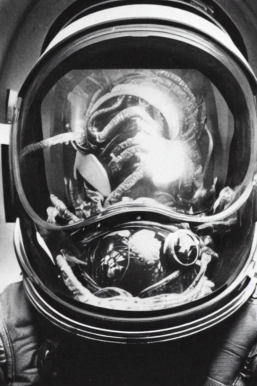 Image similar to extremely detailed studio portrait of space astronaut, alien tentacle protruding from eyes and mouth, slimy tentacle breaking through helmet visor, shattered visor, full body, soft light, disturbing, shocking realization, award winning photo by diane arbus