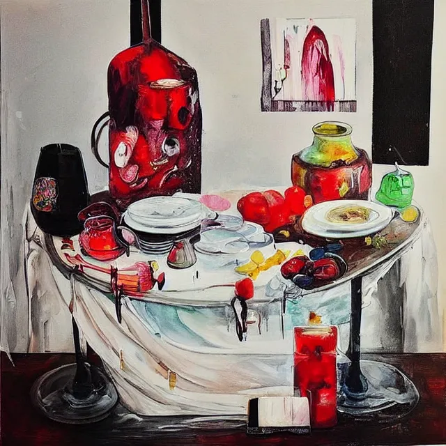 Image similar to “ a portrait in a female art student ’ s apartment, sensual, a pig theme, pork, pottery supplies, pottery work in progress, a candle dripping white wax, pottery glaze, squashed berries, berry juice drips, acrylic and spray paint and oilstick on canvas, surrealism, neoexpressionism ”