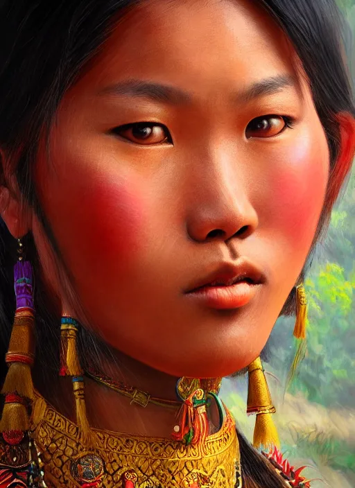 Image similar to portrait of a beautiful teen tai ethnic north thailand, closeup portrait, historical, ethnic group, traditional costume, elegant, loin cloth, highly detailed, oil painting, artstation, concept art, matte, sharp focus, illustration, hearthstone, art by earl norem