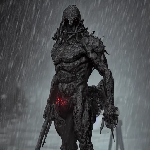 Image similar to demonic figure standing in the rain after big battle soldiers dead behind him dark award winning, trending on artstation, unreal engine