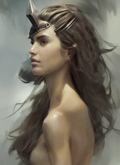 Image similar to a professional painting of a beautiful young female, clothed in military armor, olive skin, long dark hair, beautiful bone structure, symmetrical facial features, intricate, elegant, digital painting, concept art, smooth, sharp focus, illustration, from Metal Gear, by Ruan Jia and Mandy Jurgens and Artgerm and William-Adolphe Bouguerea