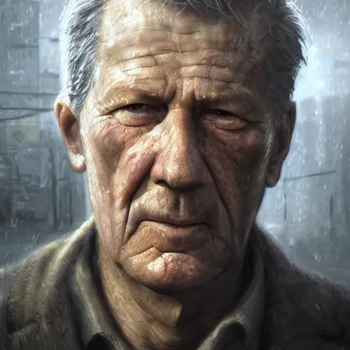 Image similar to elderly werner hertzog, hyperrealistic portrait, bladerunner street, disco elysium style, photo realistic, dynamic lighting, artstation, poster, volumetric lighting, very detailed face, 4 k, award winning