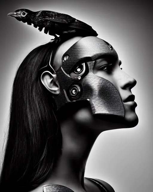 Image similar to a profile portrait, a stunning young woman - cyborg with a mutant crow head, editorial photography, bw, shot on 7 0 mm, depth of field, f / 2. 8, high contrast, 1 6 k, volumetric lighting, shiny, insanely detailed and intricate, hypermaximalist, elegant, ornate, hyper realistic, super detailed