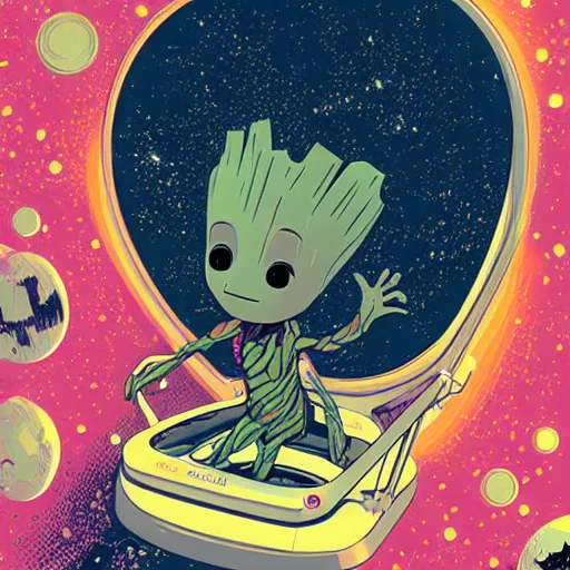 Prompt: baby groot lying on the floor in the space ship, by victo ngai