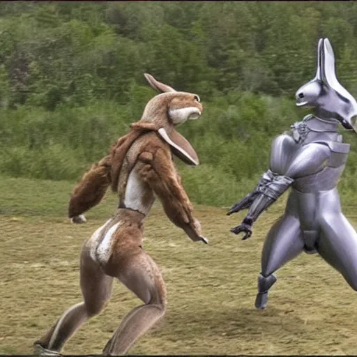 Image similar to intense battle between bipedal bunnies and humanoid eagles