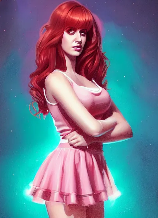 Image similar to full body portrait of teenage cheryl blossom, bangs, green eyes, sultry expression, red hair, sultry smirk, bangs and wavy hair, pink skirt, intricate, elegant, glowing lights, highly detailed, digital painting, artstation, concept art, smooth, sharp focus, illustration, art by wlop, mars ravelo and greg rutkowski