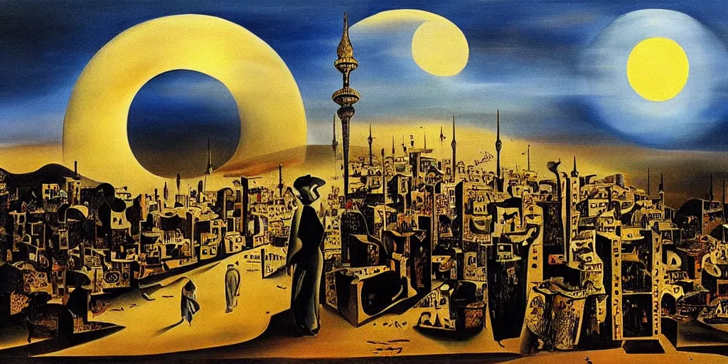 Image similar to love and fear in tehran skyline in a winter night, a full moon in the sky, surreal painting by salvador dali,