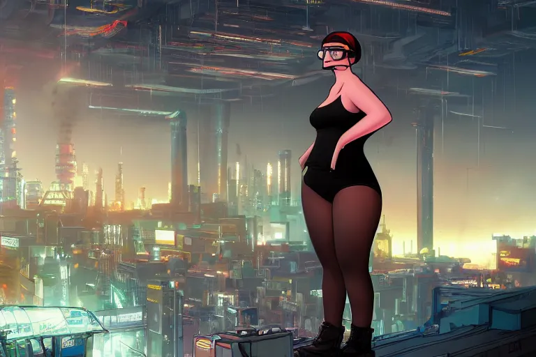 Prompt: Beautiful peter griffin in cyberpunk industrial powerplant looking at homeless Sasha grey featured on artstation, cinematic chiaroscuro, photorealistic, unreal engine
