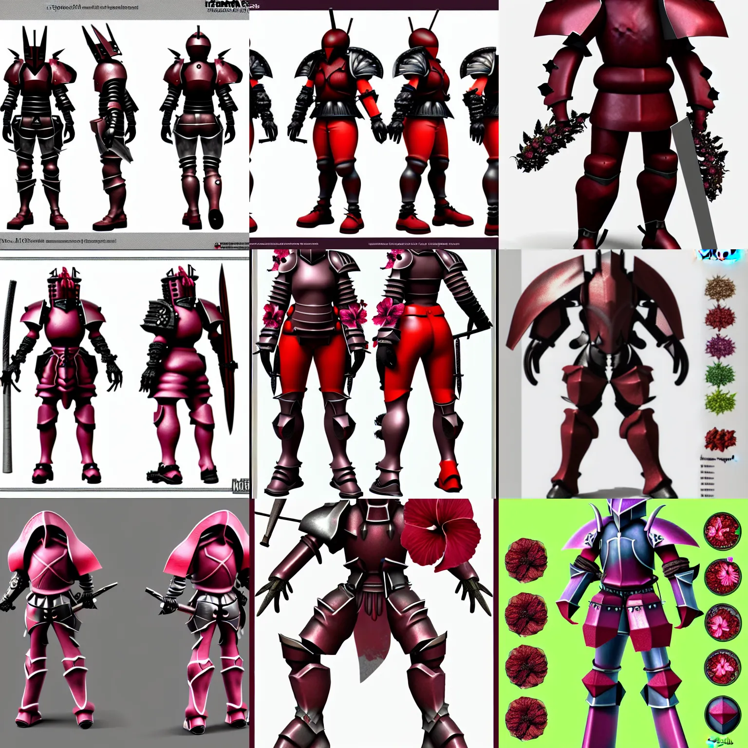 Prompt: hibiscus hybrid knight reference sheet, 3 d character reference sheet, hibiscus pellets rendering by malczewski