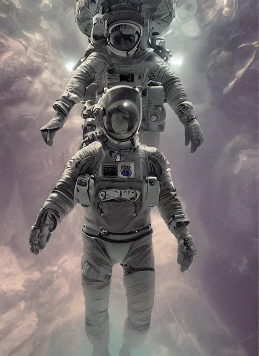 Image similar to polaroid astronauts in dark and empty void underwater - complex and hyperdetailed technical suit. reflection and dispersion materials. rays and dispersion of light. volumetric light. 5 0 mm, f / 3 2. noise film photo. flash photography. ultra realistic, wide angle. poster by wayne barlowe, hajime sorayama aaron horkey, craig mullins