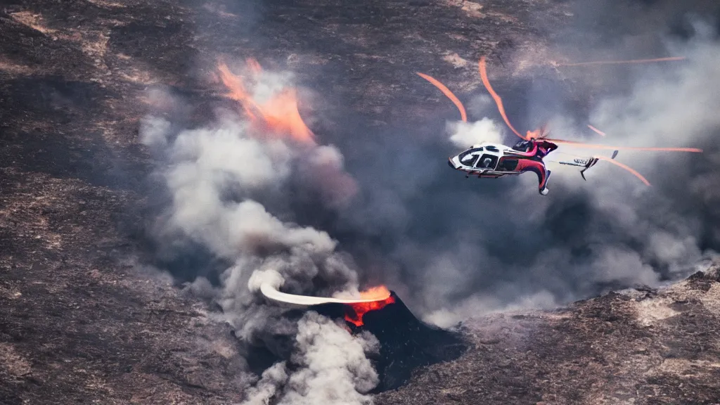 Image similar to person wearing a sponsored team jersey with logos jumping out of a helicopter with a surfboard into a volcano, action shot, dystopian, thick black smoke and fire, sharp focus