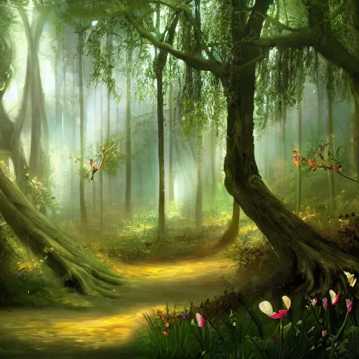 Image similar to A beautiful painting of a fantasy forest, digital art, lots of detail, 4k, ultra HD