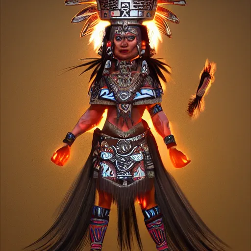 Prompt: character design, aztec warrior goddess, crown of body length feathers, full body, glowing aztec tattoos, beautiful, dark fantasy : : super - resolution, ultra - hd, vray