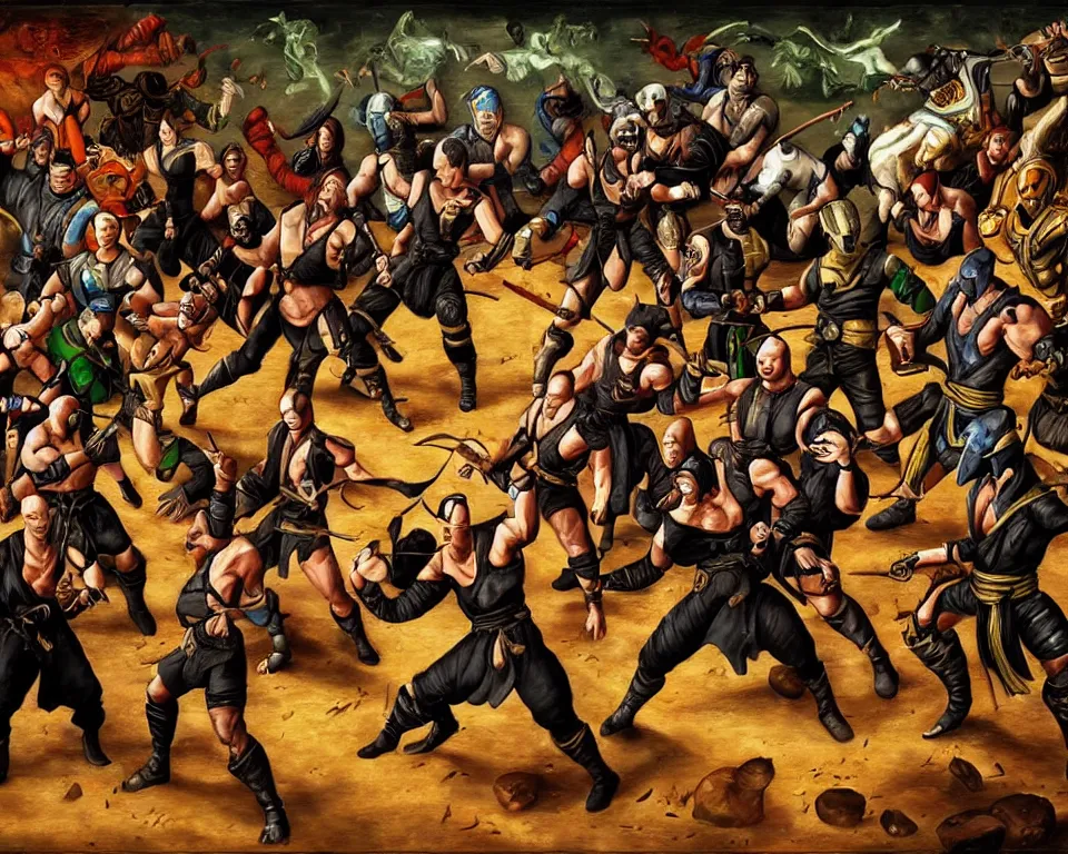 Image similar to mortal kombat characters art by hieronymus bosh, triumph of death by pieter brueghel