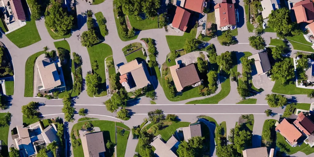 Image similar to suburbs, film still from the truman show, crane shot from above