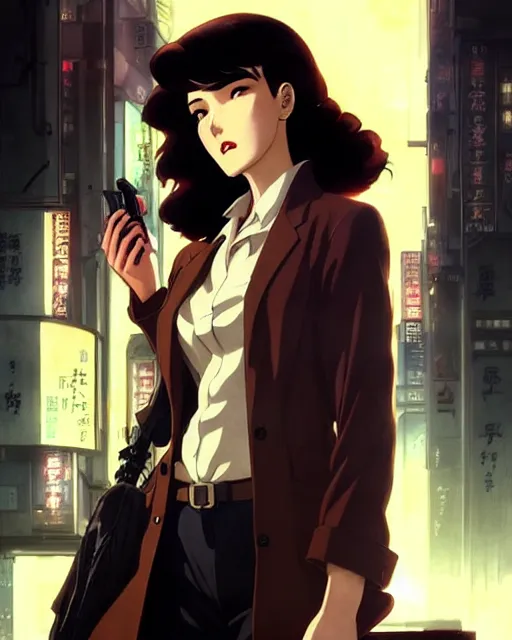 Image similar to portrait anime 1 9 4 0 s detective smoking sharp fine face, pretty face, realistic shaded perfect face, fine details. anime. cyberpunk realistic shaded lighting by katsuhiro otomo ghost - in - the - shell, magali villeneuve, artgerm, rutkowski jeremy lipkin and giuseppe dangelico pino and michael garmash and rob rey