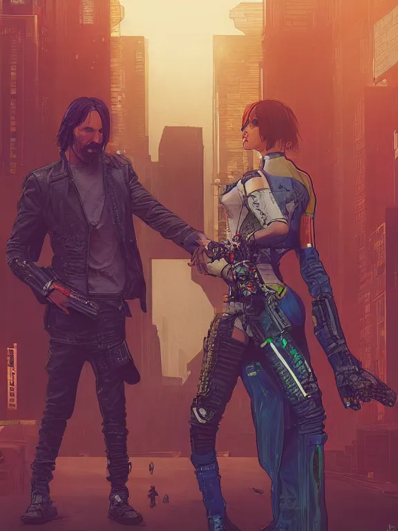 Image similar to a cyberpunk 2077 couple portrait of Keanu Reeves and V,love story,film lighting,by laurie greasley,Lawrence Alma-Tadema,William Morris,Dan Mumford,trending on atrstation,FAN ART,full of color,Digital painting,face enhance,highly detailed,8K, octane,golden ratio,cinematic lighting