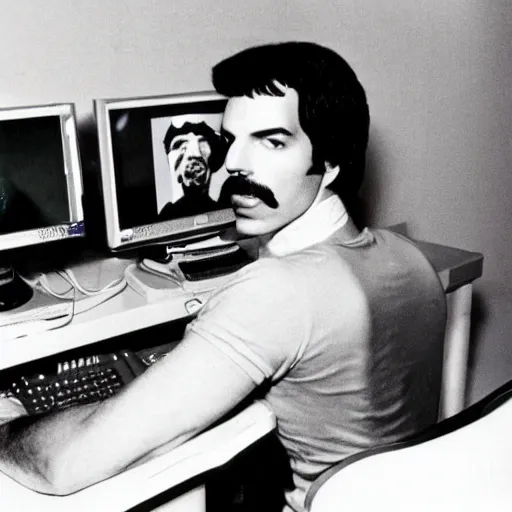 Image similar to Freddie Mercury playing among us on his computer