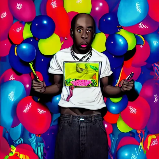 Prompt: ultra realistic illustration with black outline and white background of rapper tyler the creator holding birthday balloon, colorful, artistic, vibrant, high, highly detailed art