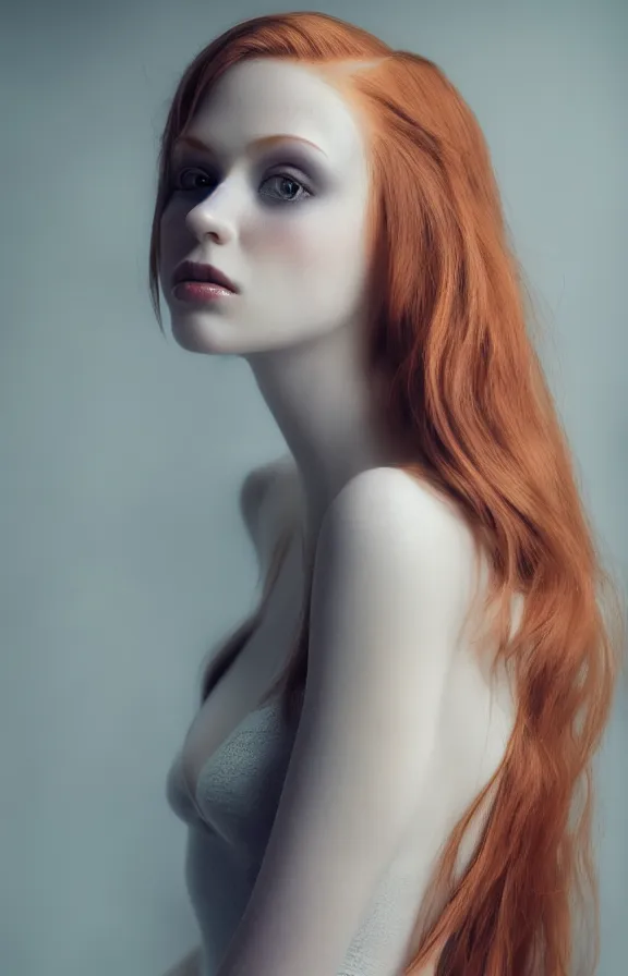 Prompt: Ultra detailed digital art of a stunning pale gothic redhead woman model in a dimly lit studio, soft real colour gradient background from LEDs, 8k, perfect lighting, soft focus, high contrast, by andreastangoni