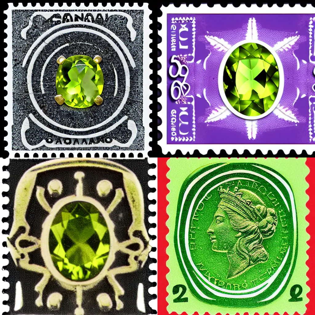 Prompt: very detailed and fine cascade peridot gemstone on a hawaiian post stamp hd photograph