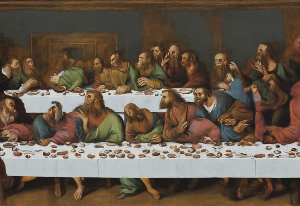 Prompt: last supper painted by francis bacon 8 k, hyperdetailed