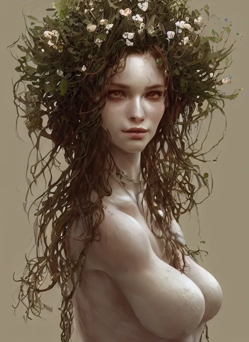 Image similar to dryad, pure white, naturel, hyper detailed, digital art, trending in artstation, cinematic lighting, studio quality, smooth render, unreal engine 5 rendered, octane rendered, art style by klimt and nixeu and ian sprigger and wlop and krenz cushart