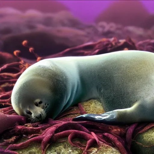 Prompt: A seal sleeping peacefully in a kelp forest, Prince in pastel!, cinematic, hyper realistic, detailed, 8k, octane render.