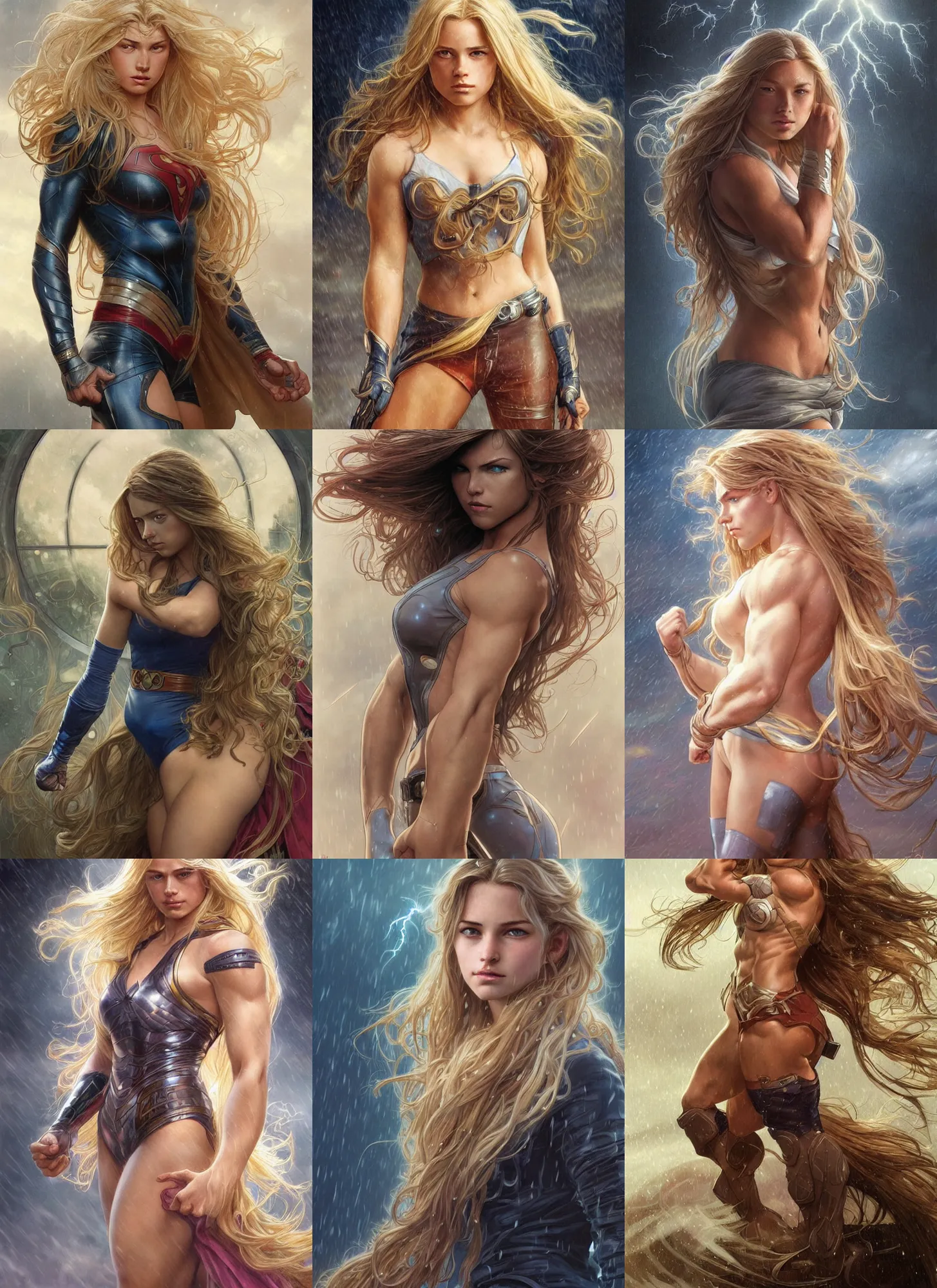 Prompt: a very muscled and very young superhero girl with a focused face and extremely long blonde wavy hair, light rain, thunder storm background, intricate detailed face, artgerm, greg rutkowski, alphonse mucha, francine van hove