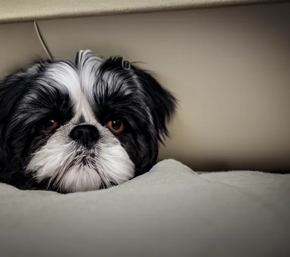 Image similar to a cute black shih - tzu under a bed. hyper realistic and anamorphic 2 0 1 0 s movie still of giovanni falcone, by paolo sorrentino, leica sl 2 3 0 mm, beautiful color, high quality, high textured, lens flare, refined face