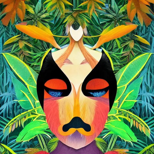 Image similar to mystical folk birdhuman character on a tropical forest, realistic proportions, glitch art, poster art, in the style of henri rousseau and pablo amaringo