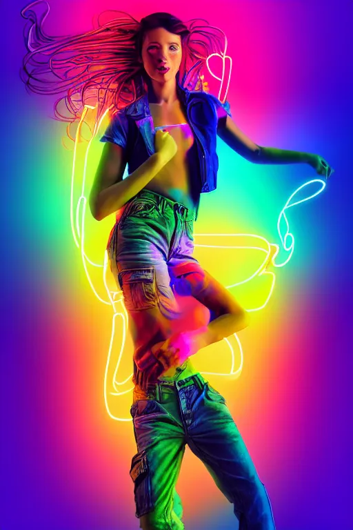 Prompt: a award winning half body portrait of a beautiful woman with stunning eyes in a croptop and cargo pants with rainbow colored ombre hairstyle head in motion and hair flying by thomas danthony, outlined by whirling illuminated neon lines, microphone, outrun, vaporware, shaded flat illustration, digital art, trending on artstation, highly detailed, fine detail, intricate