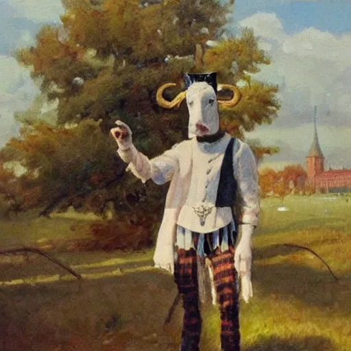 painting by zorn, cow, dressed, anthropomorphic!!, | Stable