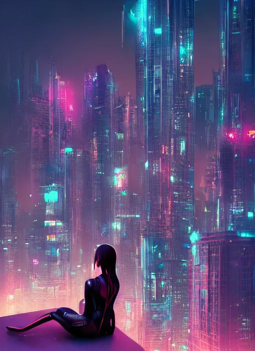 Prompt: a female android, sitting on the edge of a skyscraper, looking at the cyberpunk city skyline at night, lit by bright neon futuristic lights, hyperdetailed, 8 k, artstation, matte painting