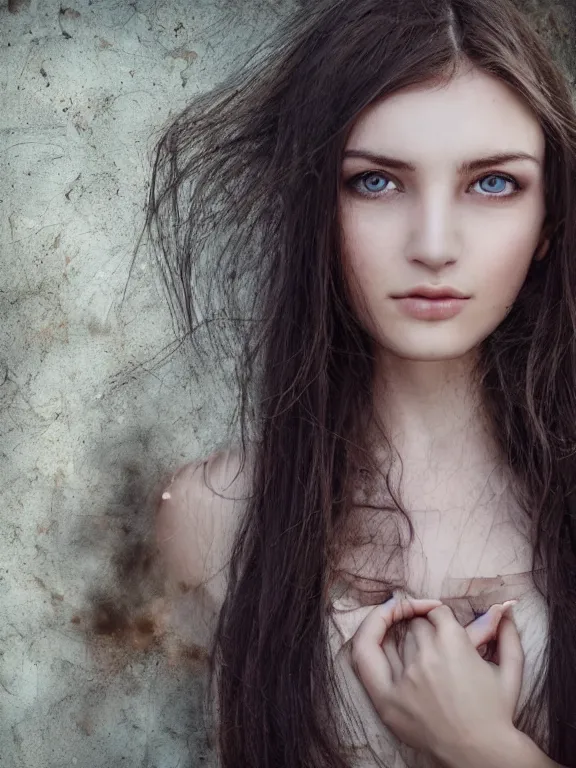 Image similar to hyperdetailed photo of a beautiful ukrainian girl, brown eyes, dark hair, winds of winter, with ripped t - shirt