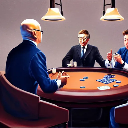 Image similar to UHD photorealistic Elon Musk playing poker with Satoshi Nakamoto, Klaus Schwab, and Bill Gates, hyperrealistic, correct details, cosmic studio lighting, symmetrical faces, accurate faces, by Greg Rutkowski