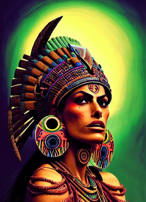 Prompt: portrait of eva mendes, hyper detailed ultra sharp aztec shaman warrior. trending on artstation, warpaint aesthetic, bloodwave, colorful, psychedelic, ornate, intricate, digital painting, concept art, smooth, sharp focus, illustration, art by artgerm and greg rutkowski and h. r. giger, 8 k