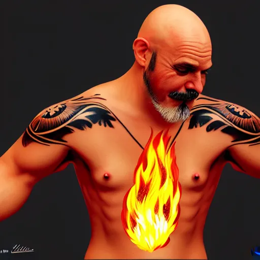 Image similar to bald boxer with chest tattoos with van dyke beard on fire, digital art, cinematic, concept art, 8k, painting, imaginefx, cgsociety, syd mead, trending on artstation, wide shot, full shot