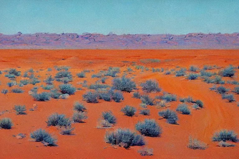 Prompt: a desert landscape by Wayne Thiebaud of desserts, cakes, layer cakes, cupcake, pies, in the desert landscape,