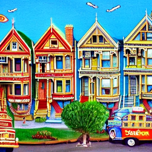 Prompt: san francisco painted ladies by richard scarry