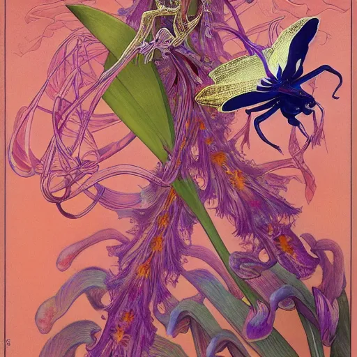 Image similar to majestic colorful orchid mantis by leon bakst and yoshitaka amano, beautiful hyperdetailed art nouveau orchids, james jean, carlos schwabe, amanda sage