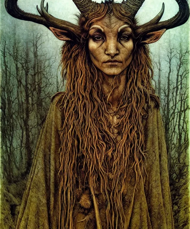 Image similar to A detailed horned antelopewoman stands by the forest. Wearing a ripped mantle, robe. Perfect faces, extremely high details, realistic, fantasy art, solo, masterpiece, art by Zdzisław Beksiński, Arthur Rackham, Dariusz Zawadzki