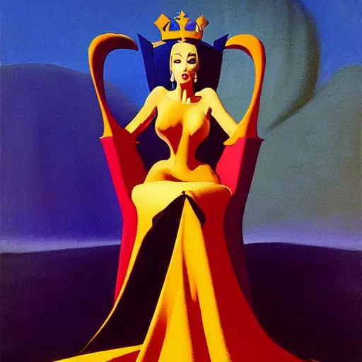 Image similar to an oil painting of a queen in a thierry mugler dress sitting on a throne, by bruce pennington, by eyvind earle, nicholas roerich, by frank frazetta, by georgia o keeffe, by dean cornwell, highly detailed, contest winner, eerie, ominous, tonalism, jewels, rich baghdad, oriental, desaturated, anime