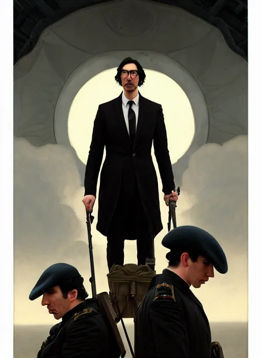 Prompt: painting of both john oliver and adam driver together, adam driver behind, john oliver in front, stoic, full body, military uniform, fantasy, elegant, beautiful, highly detailed, centered, dark, smokey, digital painting, concept art, smooth, sharp focus, illustration, deviant art, art by greg rutkowski, art by alphonse mucha