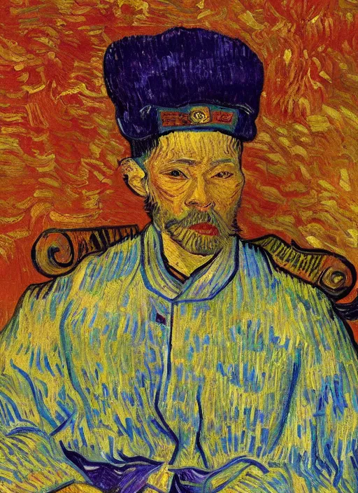 Prompt: detailed expressionist!! oil painting masterpiece portrait of an ancient emperor on his throne!! by van gogh, 8 k resolution, smooth, sharp focus, matte painting, beautiful masterpiece expressionist painting, greys and golds and purples